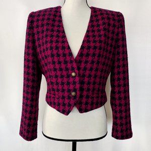 Vintage 90s Purple Houndstooth Tweed Cropped Wool Blend Jacket